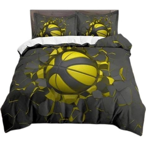 Housse de couette jaune à motif basketball 140x200cm, microfibre, fermeture éclair invisible, 2 taies d'oreiller (1/5)