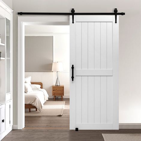 Porte de grange coulissante, 914 x 2134 mm, panneau MDF, kit de porte coulissante avec kit quincaillerie, surface en PVC imperméable, facile à installer, cadre en H, pour salon et salle de bain (1/5)