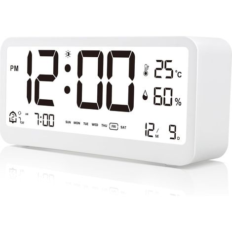 CCYKXARéveil Matin avec Affichage LCD Horloge Digitale à Piles avec Affichage de Température et Humidité,Alarmes, Fonction Snooze et Réglage (1/5)