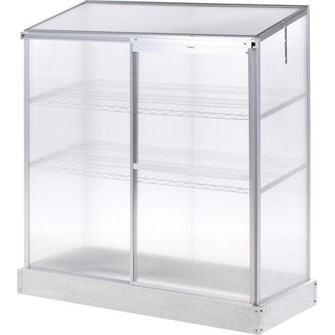 Invernadero de balcón paneles de policarbonato estructura de aluminio con estantes y puertas correderas protección UV plateado Lecce