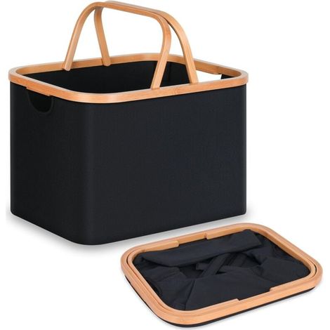 Foldable Laundry Basket, 43L Bamboo Fabric Foldable Storage Basket, Foldable Laundry Hamper, Laundry Baskets for Bedroom, Bathroom (Black, Foldable Handle) MUMU (1/4)