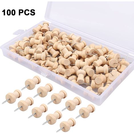 100 punaises en bois à tête ronde, avec pointe en acier, pour cartes, photos, documents et tableaux d'affichage. (1/4)