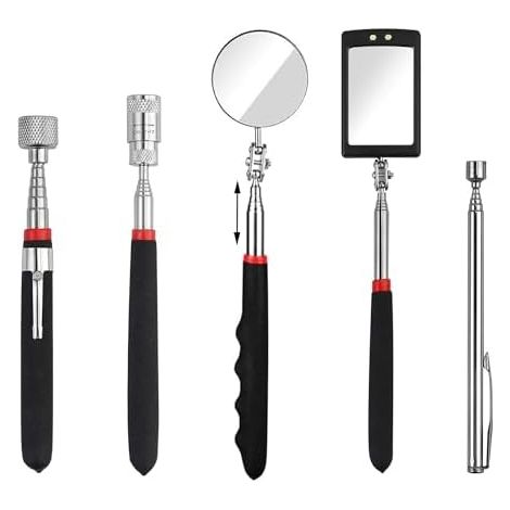 5PCS Magnétique Ramassage d'outils Kit, Outils de Préhension Télescopique Magnétique, 15 lb / 1 8 lb, Pivotant à 360 °Miroir d'Inspection Rond/Carré avec Lumière LED - (1/5)