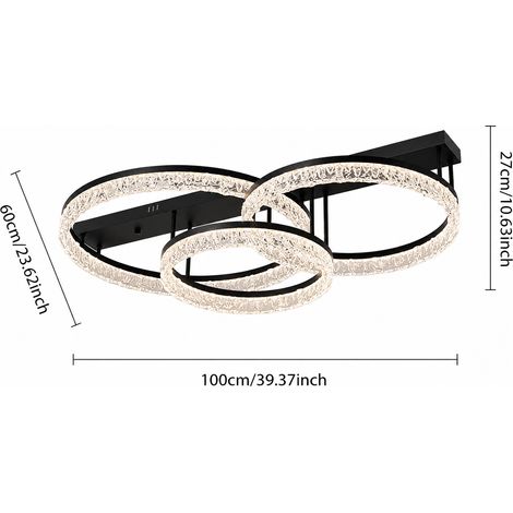 Plafonnier LED moderne en cristal, 3 anneaux, dimmable 3 modes de couleur, 166W, Ø60+100 cm, plafonnier élégant pour salon, chambre et salle à manger