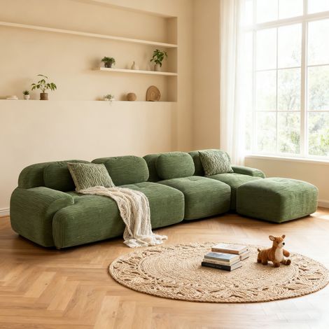 Canapé modulable 4 places 388 cm + pouf en velours côtelé vert - FLUFY (1/5)