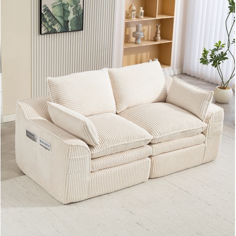 Canapé 2 places en tissu côtelé beige avec coussins et poches latérales HAVRYA (1/5)