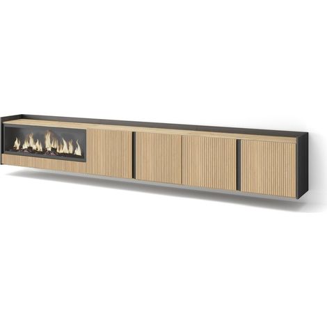 Skraut Home - Meuble TV, Banc Télé, Grand espace de Rangement, 315x35x50cm, Pour les TV jusqu'à 80", Cheminée électrique XXL, Suspendu, Mural, Style moderne, Chêne et noir (1/5)
