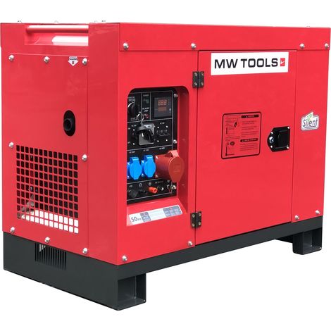 Mw Tools – Groupe électrogène insonorisé diesel 8kW 230V – 10kW 400V – Démarrage électrique – Moteur 13,6 ch – Autonomie 8h – DG100E