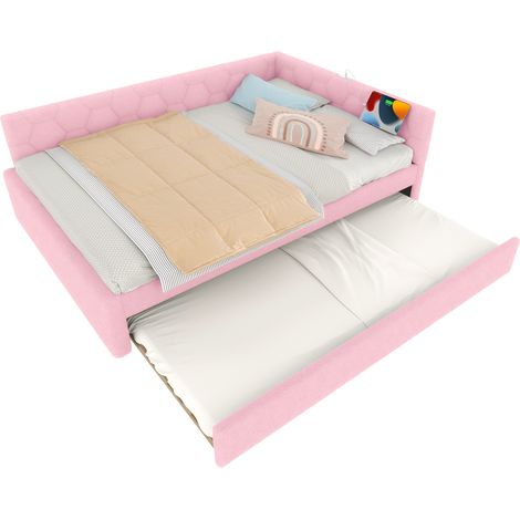 Lit avec rangement (lit gigogne) en velours rose 140x200 cm, sommier à lattes inclus, lampe de chevet + USB/Type-C (1/5)