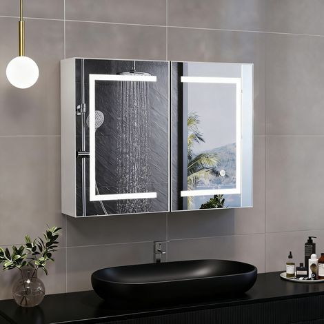 Pergar – Miroir lumineux de salle de bain 80x13.5x60 cm – Éclairage LED réglable 3000K/4500K/6400K – Miroir HD tactile avec rangement