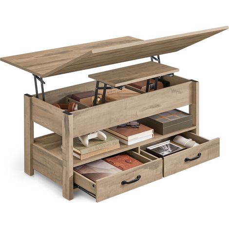 Vasagle – Table basse relevable marron camel – Vérin à gaz – 3 compartiments de rangement – Plateau modulable pour salon et bureau