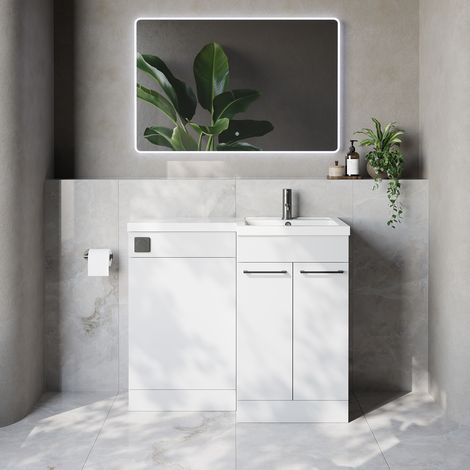 Napoli 390 Gloss White 1000mm 2 Door Vanity Unit Toilet Suite with Right Hand Square Lucia Basin - 1000mm - Gunmetal Grey 160mm HandleWithout Kingston Toilet Pan