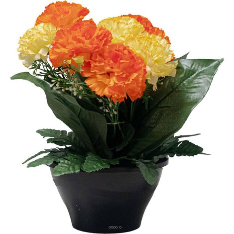 Vasque d'Oeillets fleurs artificielles pour le cimetière H 25 cm D 27 cm Jaune-orange - couleur: Jaune-orange