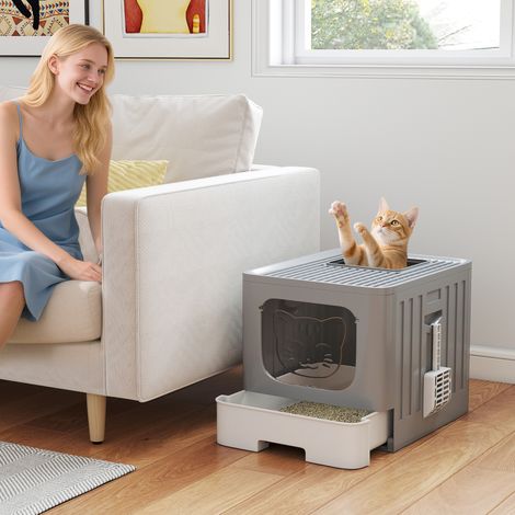 Gris - Bac pliable pour chat M doté de couvercle en treillis Plateau amovible, crochet latéral pour pelle, facile à nettoyer, étanche