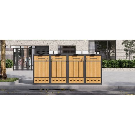 Cache-à-poubelles métallique pour 4 bacs (120-240 L), avec aérations, compartiments de stockage, verrouillable, double portes. (1/5)