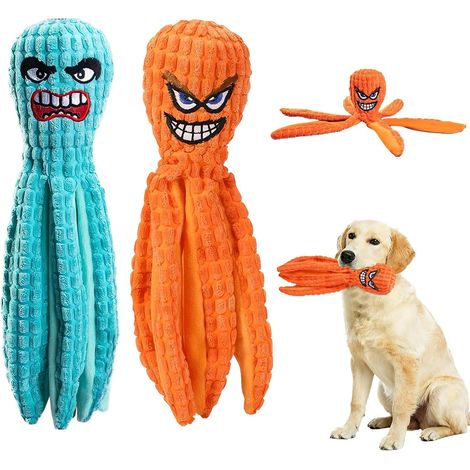Lot de 2 jouets pour chiens en forme de pieuvre, sans rembourrage, avec papier froissé, jouet interactif pour chiots de petite et moyenne taille, pour le jeu et l'entraînement (Orange + Bleu) (1/5)