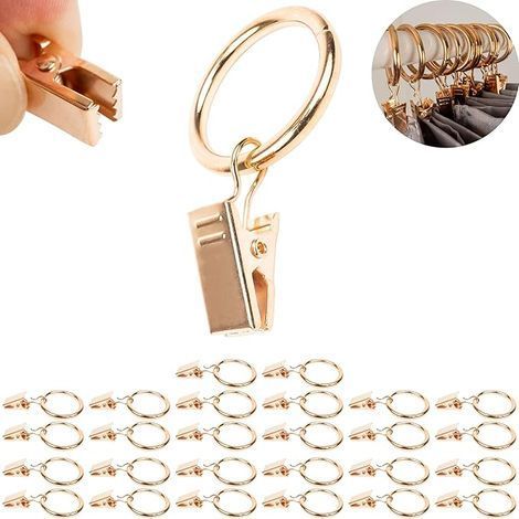 Pinces à Rideaux avec Anneaux, 30 pièces, en Couleur Or, Ø 32 mm extérieur, Ø 25 mm intérieur, Clip Rideau avec Crochet, Pince Polyvalente pour Rideaux avec Anneau, Crochets Multi usages Maison (1/5)