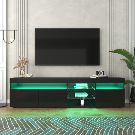 Mueble para TV de MDF negro brillo con LED variable y puertas con detalle de vidrio, 180x35x48 cm (1/5)