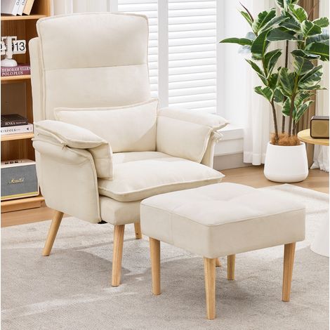 Poltrona relax beige con pouf, schienale regolabile in 5 posizioni e struttura in legno massello,85x78.5x112 cm (1/5)