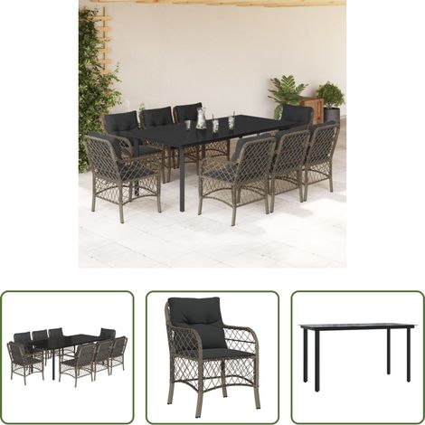 Gartenessgruppe - 9-tlg. Garten-Essgruppe mit Kissen Grau Poly Rattan (1/5)