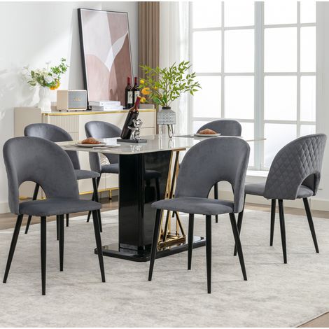 Chaise de salle à manger en velours gris, dossier à motif losange, lot de 6 DESVIAE (1/5)
