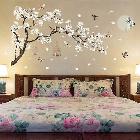 Stickers muraux amovibles style chinois : fleurs blanches, arbre noir et oiseaux en vol (1/5)