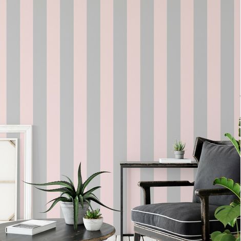 Pale Pink Metallic Silver Bold Lance Stripe Feature Stripes Wallpaper WD0080 (1/4)