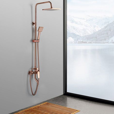 Sistema doccia rosa oro, doccia pioggia, set doccia, rubinetto doccia, set doccia bagno 20x20cm quadrato, doccia a mano con tubo 1.5m e supporto (1/5)