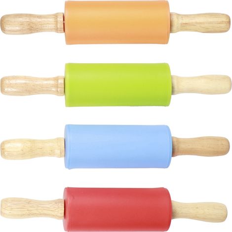 Lot de 4 mini rouleaux à pâtisserie avec manche en bois et silicone antiadhésif, pour la cuisine et la pâtisserie à la maison ou pour les enfants. (1/5)