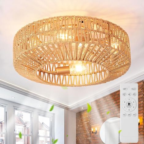 Ventilateur de plafond avec éclairage et télécommande E27 Rétro Corde de chanvre Plafonnier avec ventilateur silencieux 6 vitesses Moteur réversible Lampe avec ventilateur pour salon, chambre à (1/5)