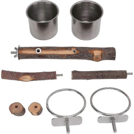 Support en bois pour perroquet avec mangeoire en acier inoxydable, ensemble mangeoire pour cage à oiseaux (1/5)