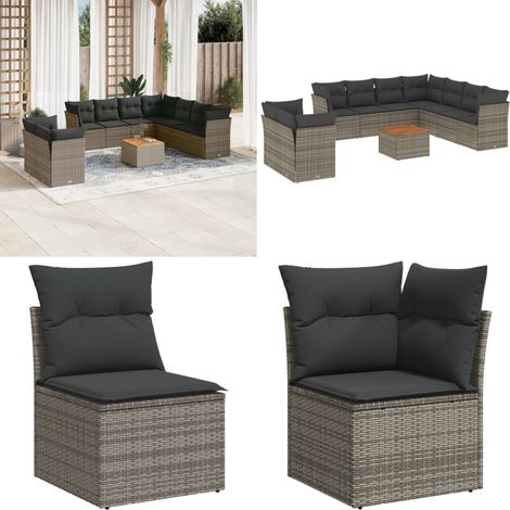 10-tlg. Garten-Sofagarnitur mit Kissen Grau Poly Rattan - Gartenmöbel Set - PE-Rattan Möbel - Outdoor Sofa - Lounge Set - Esstisch - Home & Living (1/5)