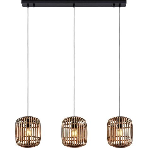 Suspension à intensité variable en bois 105 cm – 3 abat-jours en rotin naturel – Douille E27 – Puissance 40W pour ambiance chaleureuse
