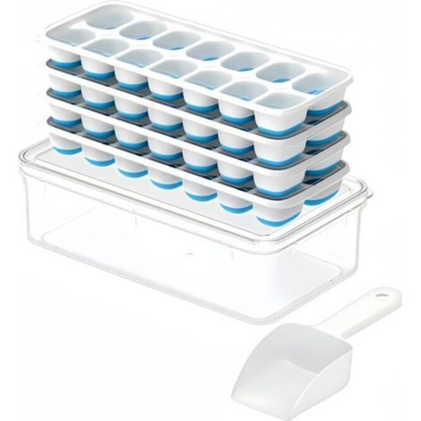 Ice cube trays with lids and containers, set of 4 plastic and silicone freezer trays with box/container, stackable with ice cube kit, scoop, for camper van (1/4)