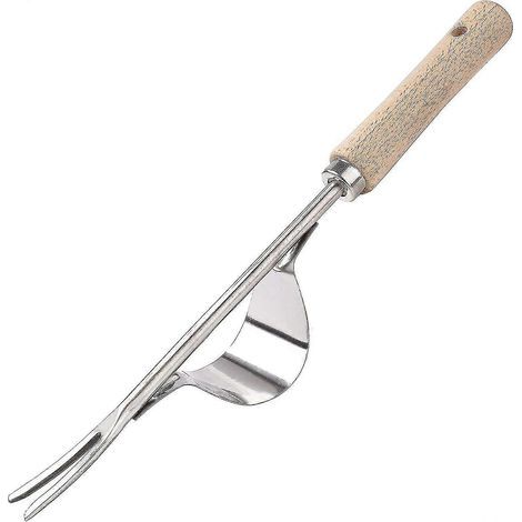 Désherbeur manuel de jardin en acier inoxydable, extracteur de racines, fourchette de jardinage en acier inoxydable avec manche en bois naturel pour creuser, désherber et desserrer 3 (1/5)