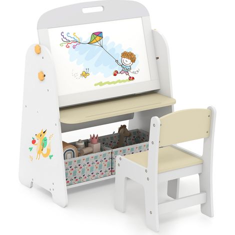 Bois MDF et pin, ensemble table et chaise enfant 4-en-1 avec chevalet double face, pour dessin et lecture (1/5)