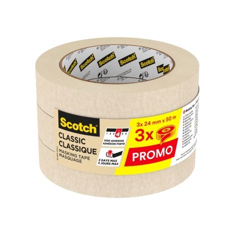 Scotch Classic Masking Tape, Beige - 24 mm x 50 m, Pack de 3 rouleaux - Painter's Tape, pour la peinture et la décoration