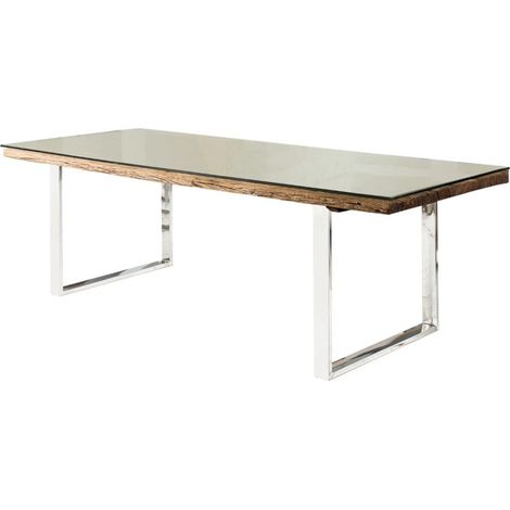 Tavolo da pranzo RAFTA 203 cm in legno riciclato, teak invecchiato e vetro temperato (1/5)