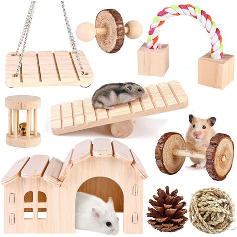 Hamster Chew Toys, 9 Pieces Hamster Toy, Natural Small Animal Chew Toys, Wooden House for Hamster, Molar Toy for Hamster Guinea Pig Squirrel Chinchilla (1/5)