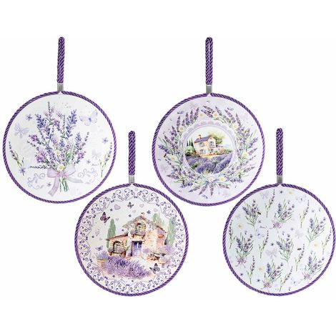 Sottopentola in ceramica con base in sughero e decori lavanda, set da 8 pezzi, Ø 19 cm