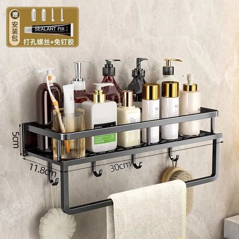 (Noir avec crochet 30 cm) Étagère de rangement murale de luxe pour salle de bain, sans perçage, idéale pour l'organisation de la cuisine et la décoration intérieure. (1/5)