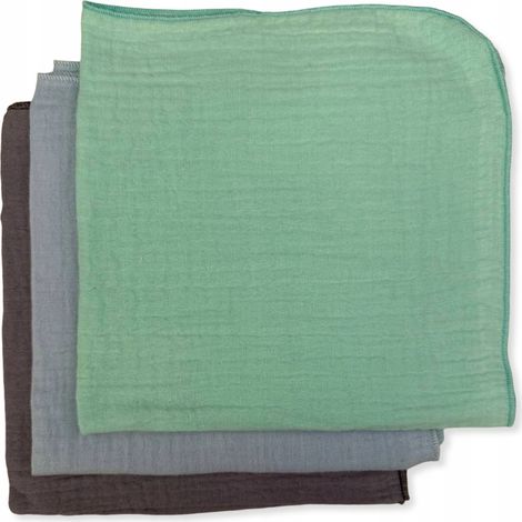 Confezione da 3 mini pannolini in mussola 38x38 cm, colori menta, blu e cenere.