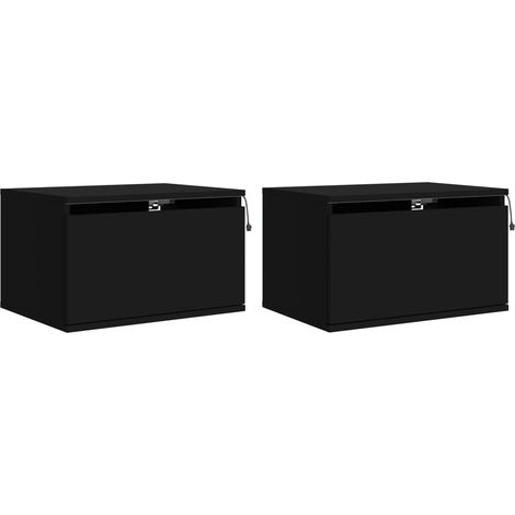 Juego de 2 mesitas de noche de pared con luces LED y cajón 50 x 36 x 30 cm en madera de ingeniería negra DEC036160