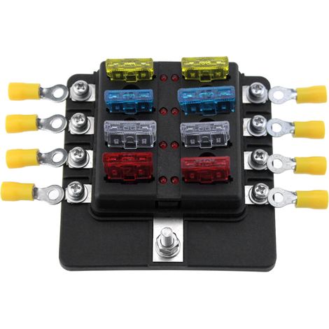 Boîte à fusibles à 8 voies avec indicateur LED, 10 fusibles et 10 bornes de connexion pour voiture, bateau, caravane, camion (12 V/24 V).