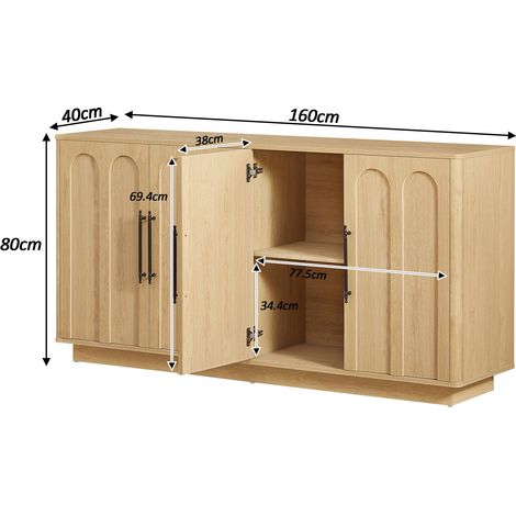 Buffet avant voûté charnières fermeture douce anti-basculement meuble rangement 2 portes salon large 160 cm chêne.
