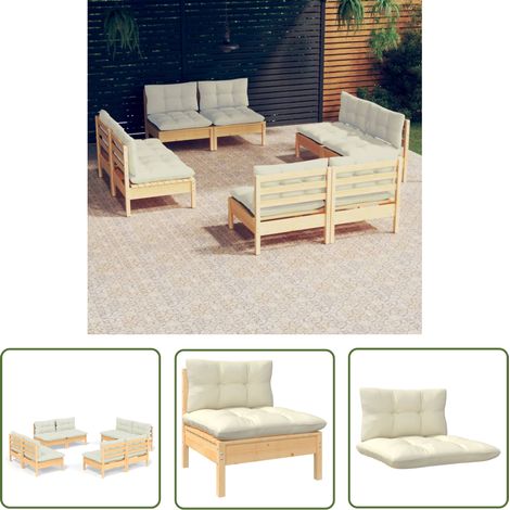 INLIFE Salon de jardin 8 pcs avec coussins crème Bois de pin (1/5)
