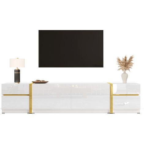 Meuble TV luxueux haute brillance bords dorés tiroirs portes, rangement spacieux salon contemporain