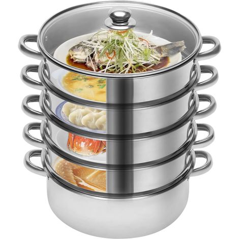 Cuiseur Vapeur en Acier Inoxydable avec Couvercle en Verre, 5 Étages, 40 cm, Passe au Lave-Vaisselle, Casserole à Induction, pour Boulettes, Cuisinière à Induction (1/5)