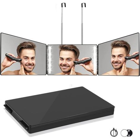 Miroir 360° Coiffure Homme Femme LED 3 Faces avec Crochets Portable Pliable Hauteur Réglable pour Coiffure, Rasage, Maquillage