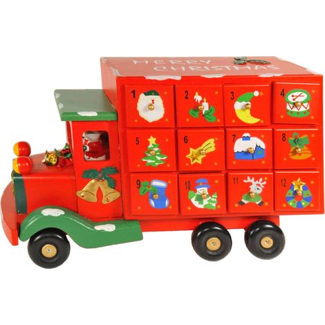 TrAdE Shop Traesio - Calendario Avvento Furgoncino Di Natale In Legno Cassetti Decorazioni Natalizie -
